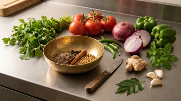 Fresh vegetables and Indian spices prepared for cooking at Vande Indian Restaurant